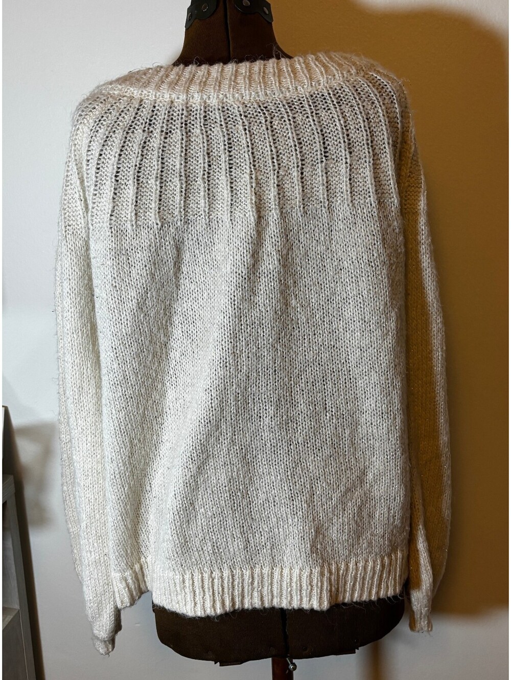 LC Lauren Conrad Ivory Metallic Knit Sweater Size L Open Back Bow Tie (181)